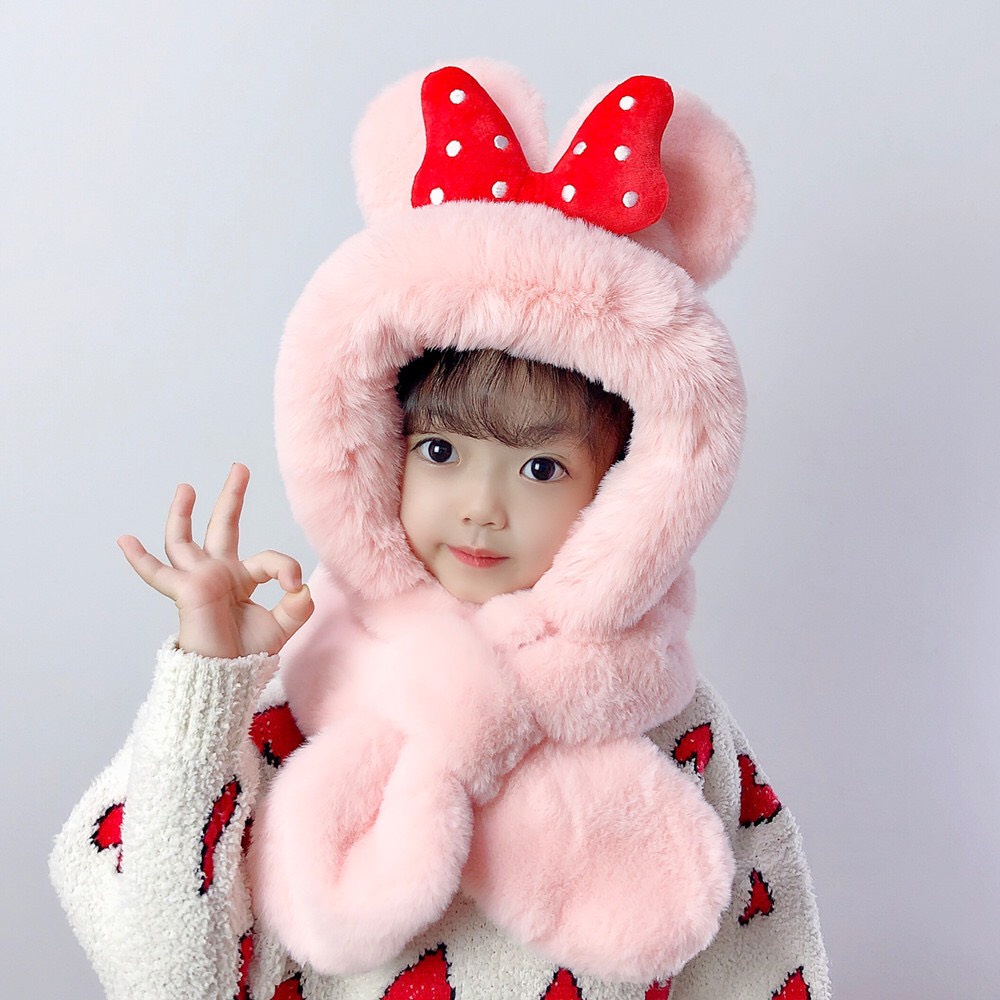 Mũ trùm đầu, mũ len kèm khăn choàng cổ hình nơ cho bé yêu