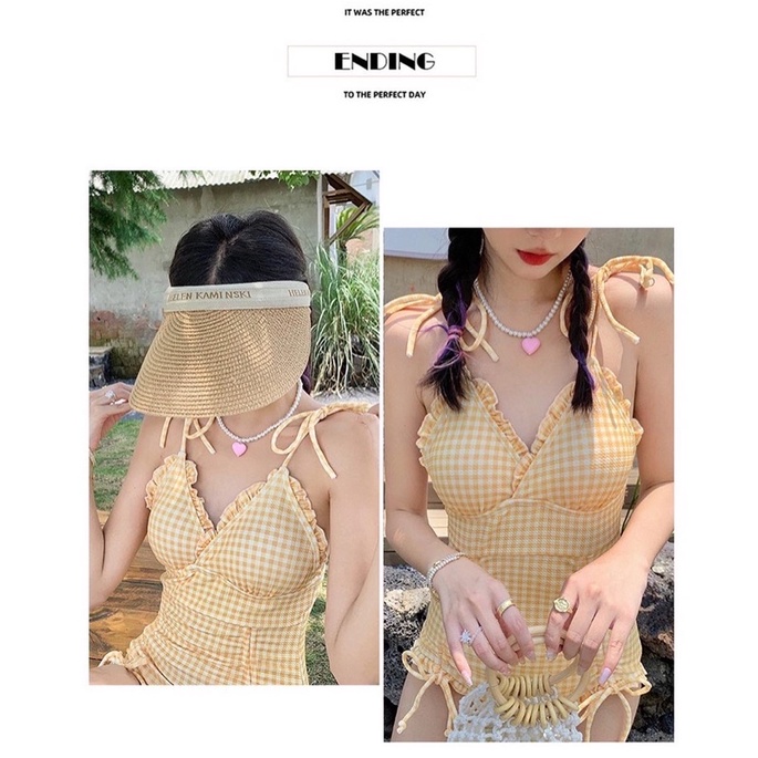 Đồ bơi nữ caro vàng pastel phong cách Hàn Quốc cao cấp