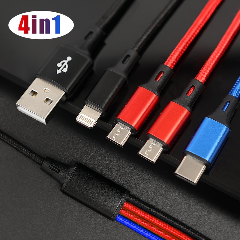 Cáp sạc 4 trong 1 chất liệu nylon bện bền bỉ giao diện lightning/USB type C/Micro USB tiện dụng