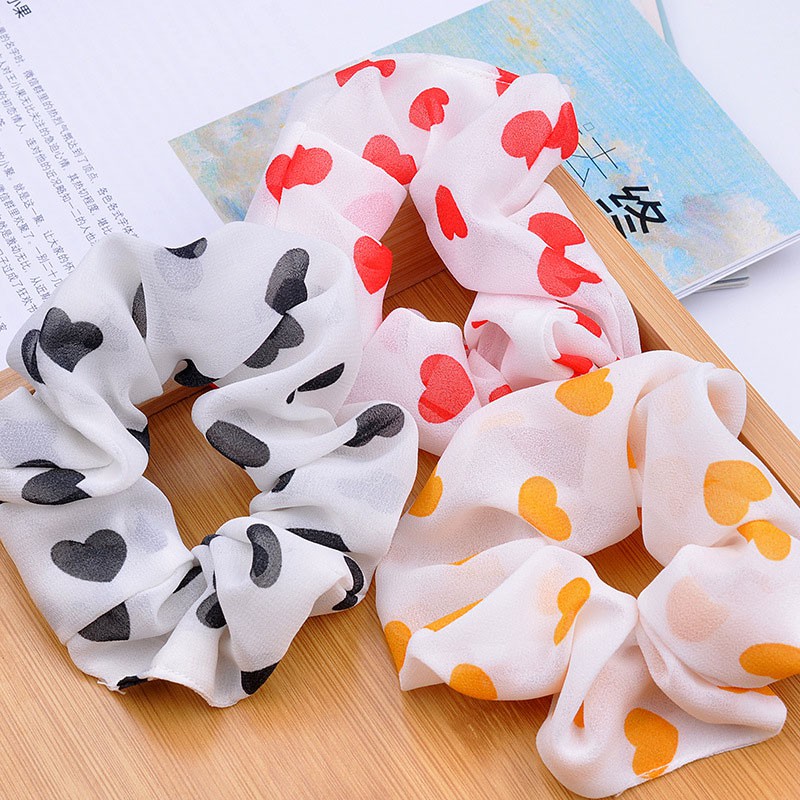 Dây Buộc Tóc Vải Chiffon Co Giãn In Hình Trái Tim