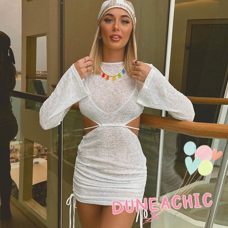 DUNEA Đầm Nữ Phối Lưới Buộc Dây Quyến Rũ Thời Trang