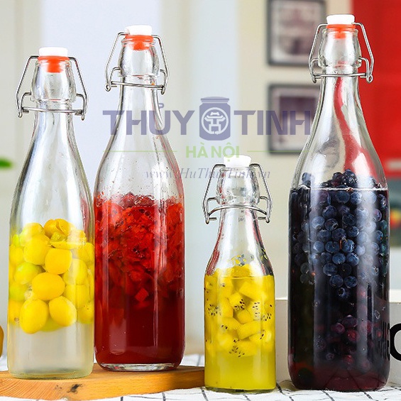 Chai thủy tinh tròn nắp gài các dung tích 250ml, 500ml, 750ml, 1000ml (1 lít) đựng thực phẩm, đồ uống