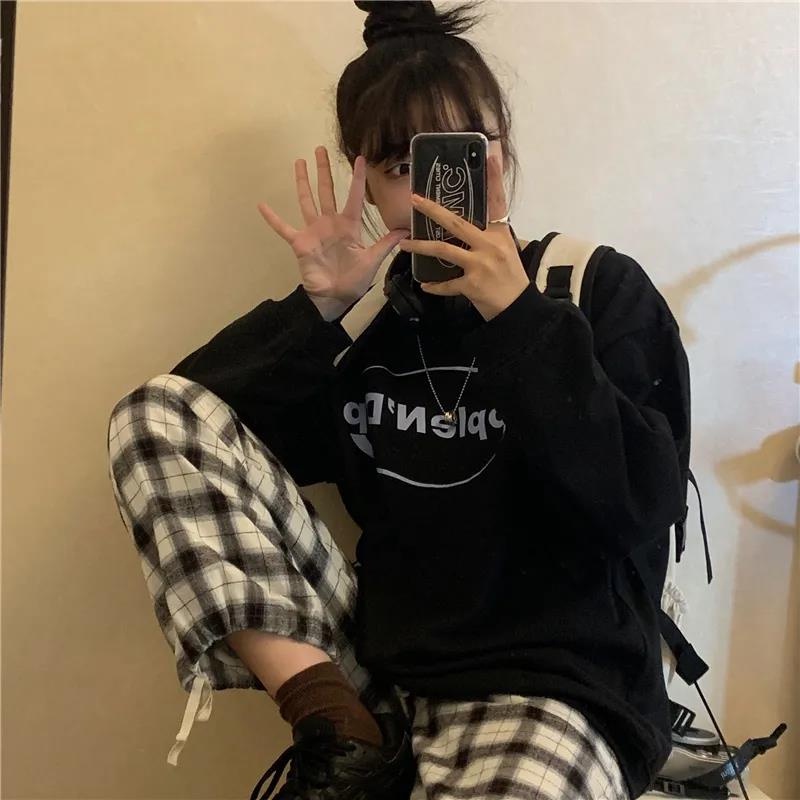 【ZHELIHANGFEI】Áo Thun Nỉ Tay Dài Dáng Rộng In Chữ Trẻ Trung Năng Động Hợp Thời Trang