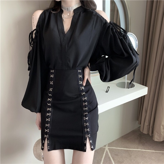 (Order) Set áo sơ mi cổ tàu hở vai tay bồng + chân váy zip cài móc xẻ siêu chất