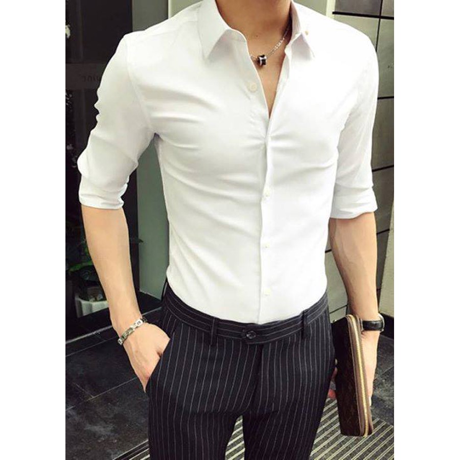 Áo Sơ Mi Nam Hàn Quốc Màu Trắng Dáng Trơn Chất Lụa Chống Nhăn Không Xù Lông