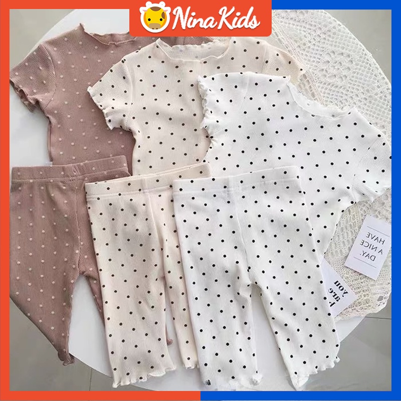 Bộ Đồ Ngủ Tay Ngắn + Quần Short  Họa Tiết Chấm Bi Dễ Thương Dành Cho Bé Gái 1-7 Tuổi