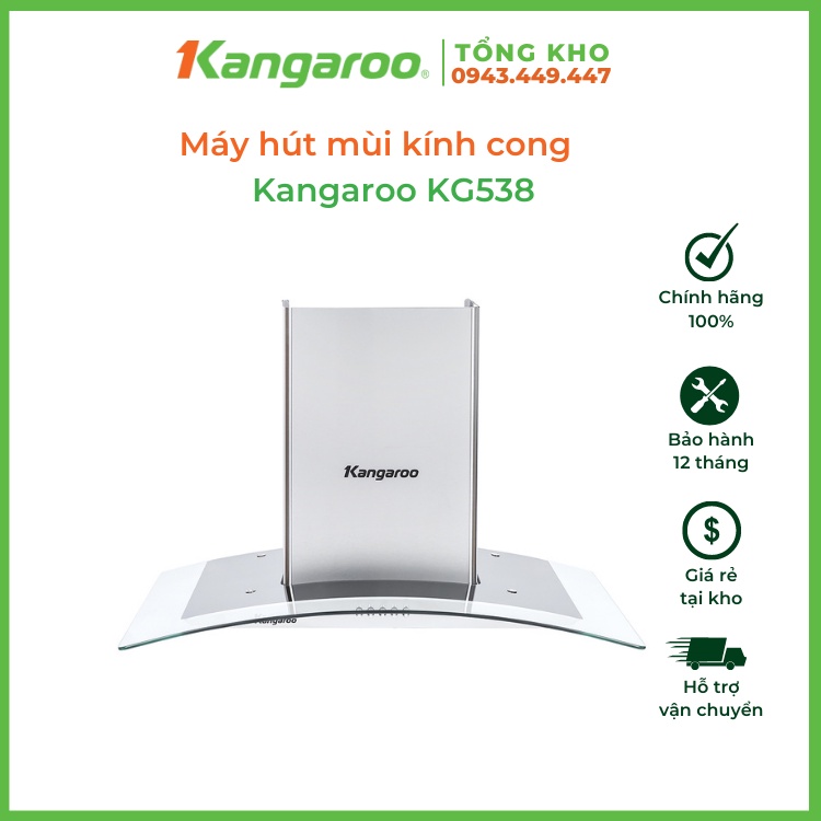 Máy hút mùi Kangaroo KG538, lưới lọc nhôm 5 lớp, thiết kế kính cong, bảng điều khiển nút bấm 3 tốc đ