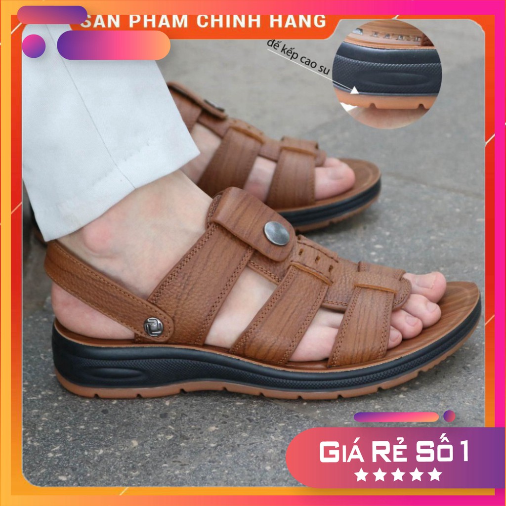 Dép sandal nam trung niên 💝 HT.NEO 💝 da bò xịn kết hợp đế kếp cao 3,5cm cực đẹp khâu may chân quai công nghệ 2021.