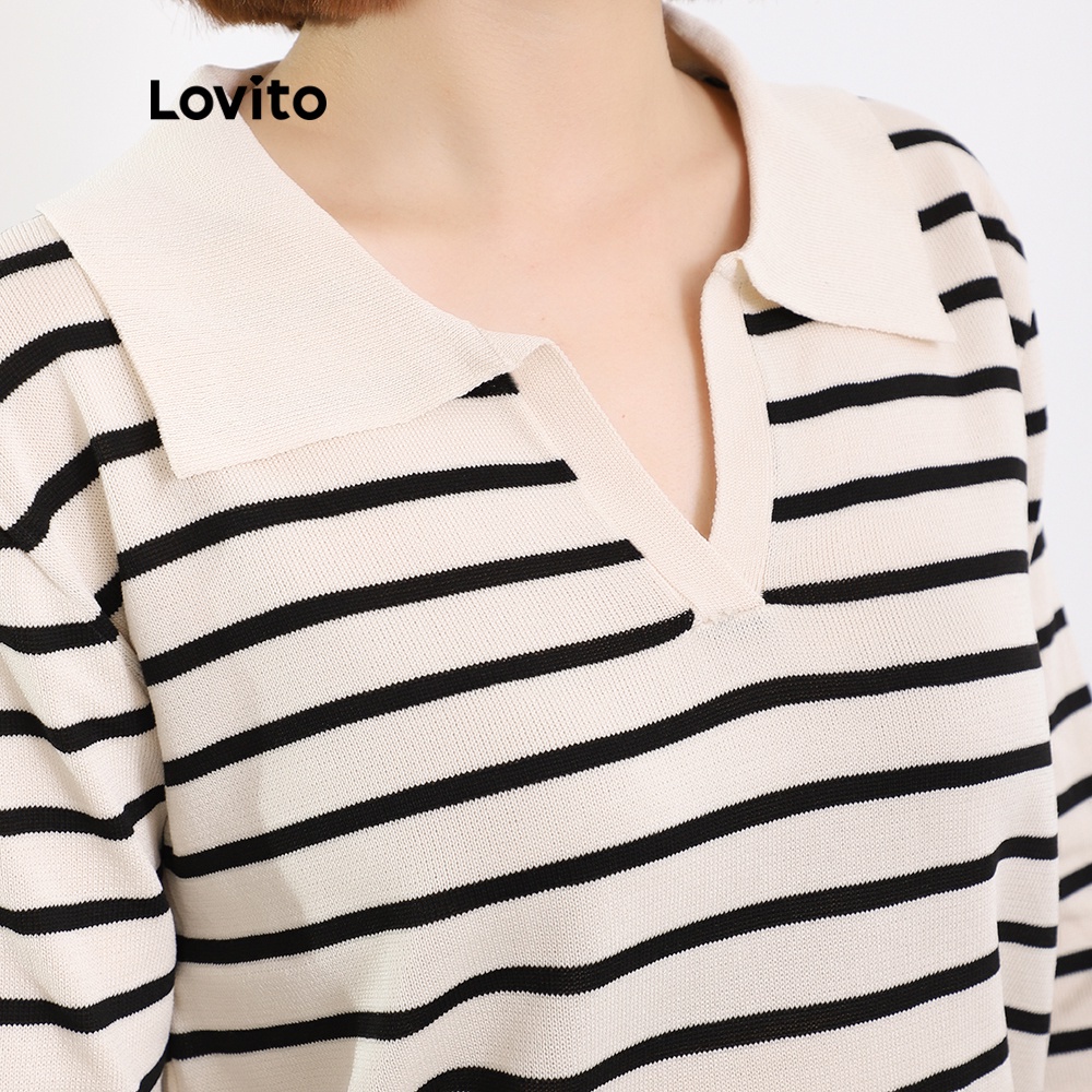  Áo Lovito tay dài cổ polo kiểu chữ V kẻ sọc phong cách Preppy L08215 (Màu be) | BigBuy360 - bigbuy360.vn