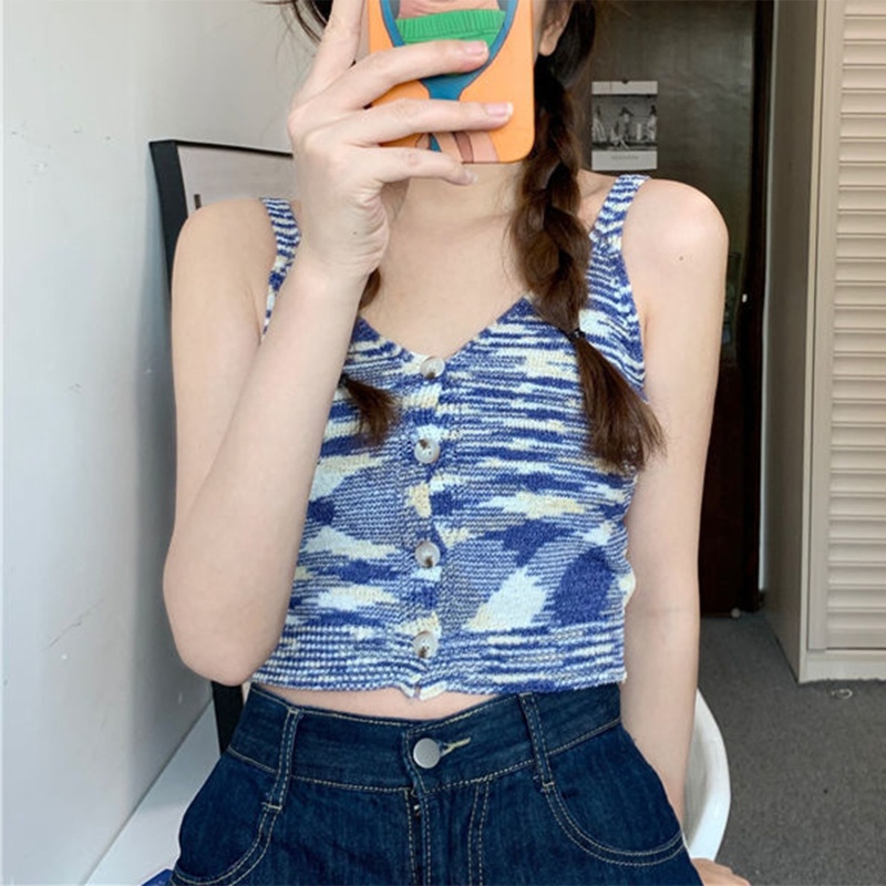 Áo Croptop Dệt Kim Hai Dây Cài Nút Cổ V Sâu Họa Tiết Kẻ Sọc Nhiều Màu Thời Trang Mùa Hè Quyến Rũ Cho Nữ