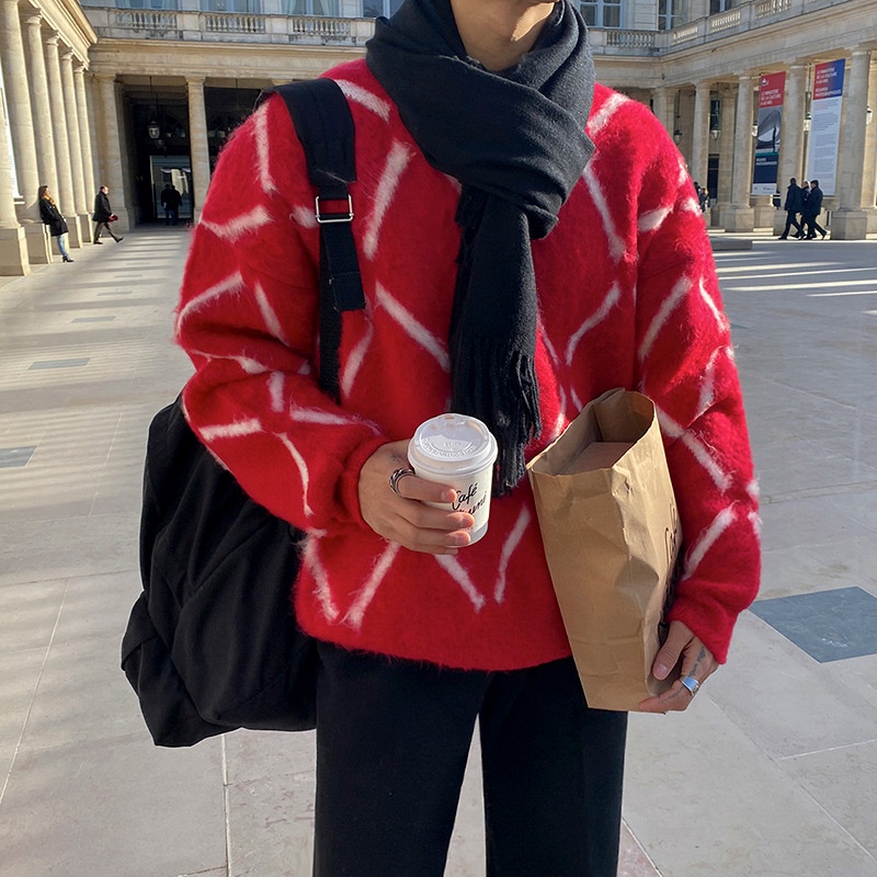 Áo sweater tay dài dáng rộng dày ấm áp họa tiết kẻ sọc thời trang thu đông dành cho nam