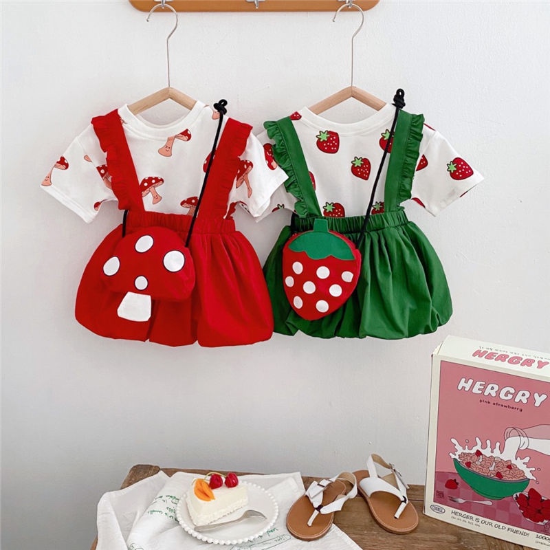 Bộ Áo Thun Ngắn Tay In Họa Tiết Trái Cây + Chân Váy Yếm Thời Trang Mùa Hè Dễ Thương Dành Cho Bé Gái 2022