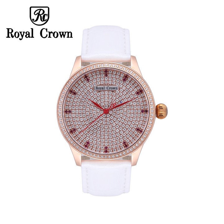 Đồng hồ nữ Chính Hãng Royal Crown 6118M-ST-RG-B/A-W (dây da trắng vỏ vàng hồng mặt full đá)