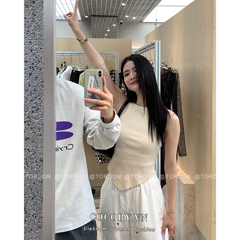 Cocory vn Áo Croptop Dệt Kim Sát Nách Cổ Tròn Dáng Ôm Thời Trang Mùa Hè Quyến Rũ Cho Nữ