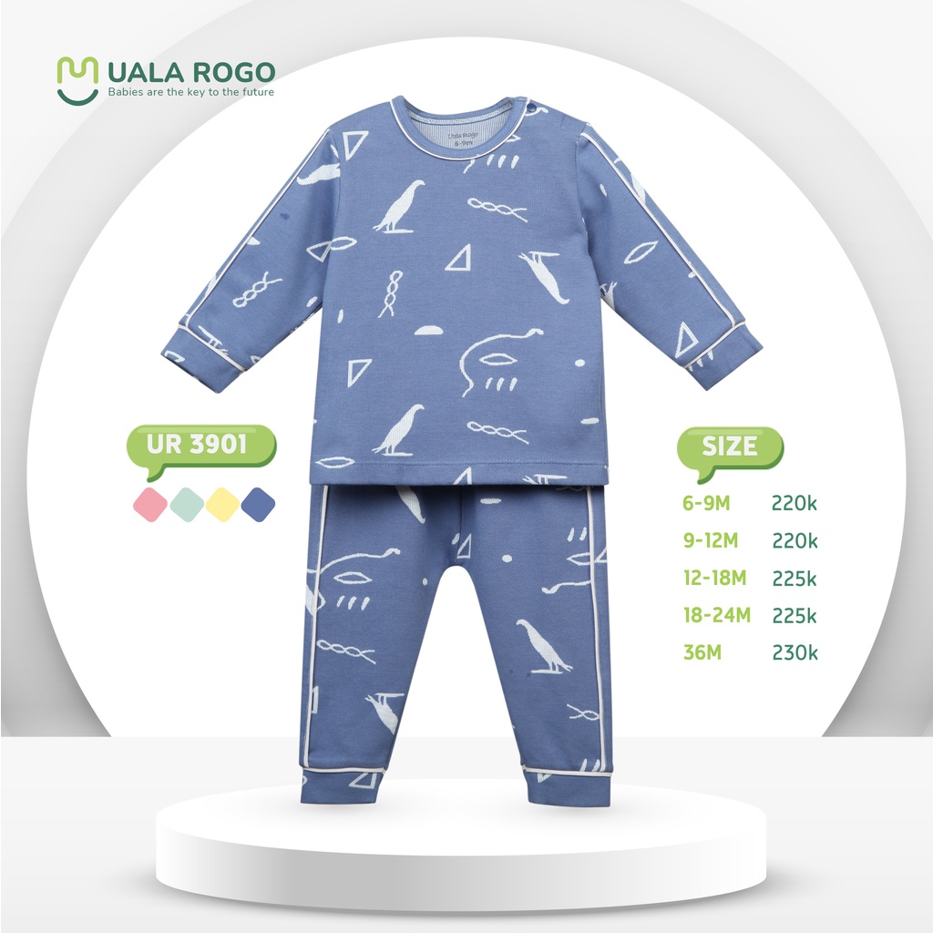 Bộ Uala Rogo dài tay cotton cài vai họa tiết ký hiệu cao cấp thấm hút tốt cho bé trai bé gái 3901