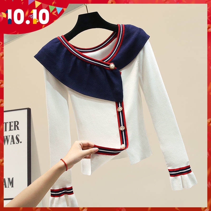 Áo sweater dệt kim cổ lá sen màu tương phản không đối xứng ôm dáng cho nữ