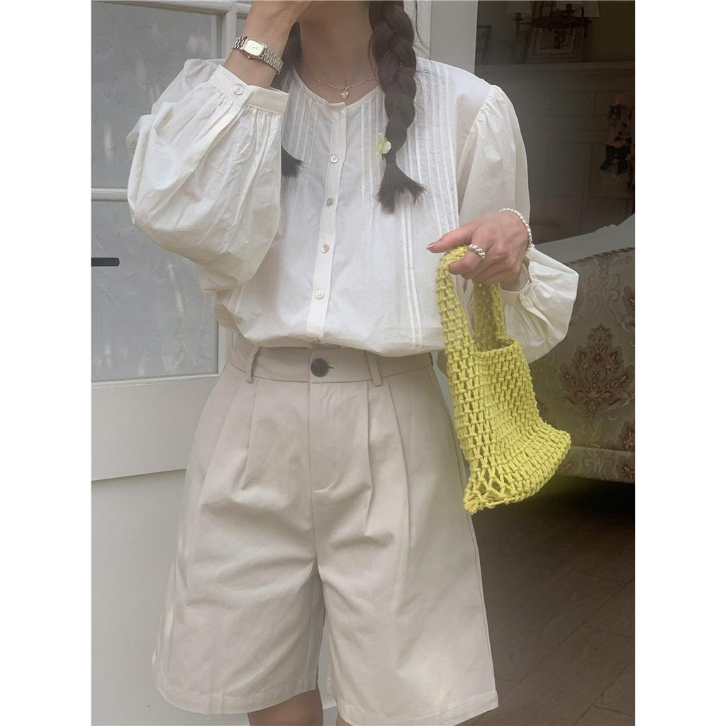 Áo Sơ Mi Dài Tay Cổ Tròn Dáng Rộng Màu Sắc Đơn Giản 61914