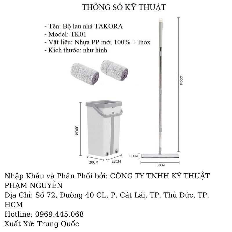 Cây lau nhà thông minh tự vắt thấm nước tốt MOP TAKORA xoay 360 độ, Bộ chổi lau nhà 2 ngăn TK01 kèm thùng