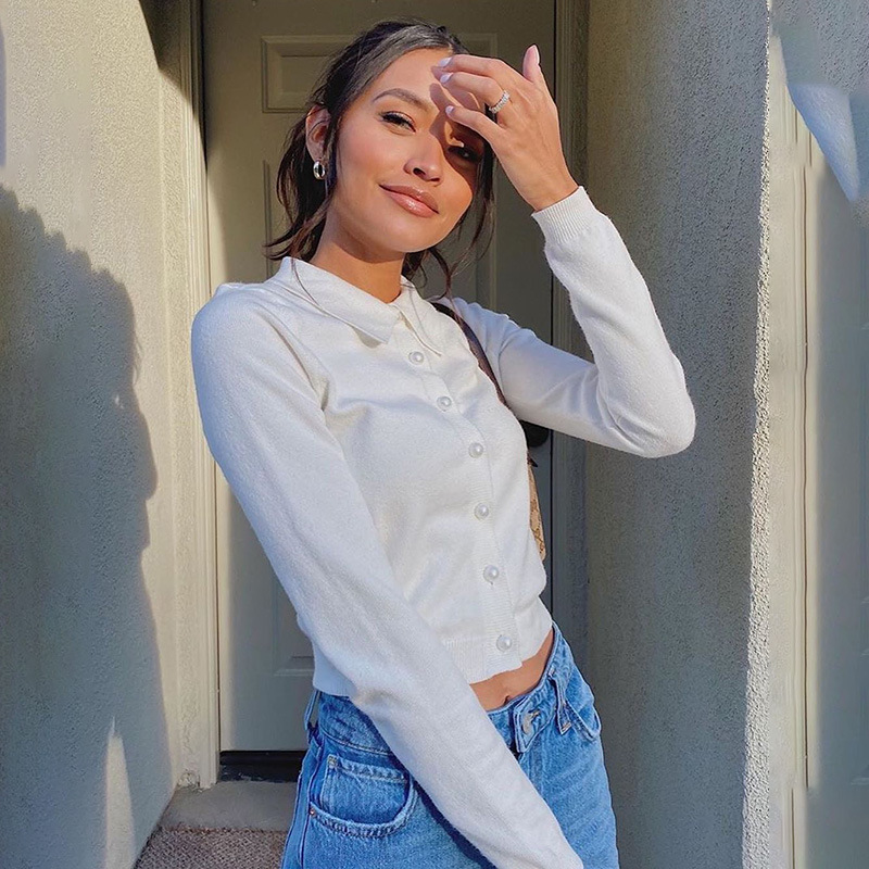 Áo kiểu cardigan dệt kim tay dài cổ lật phối nút thời trang quyến rũ dành cho nữ