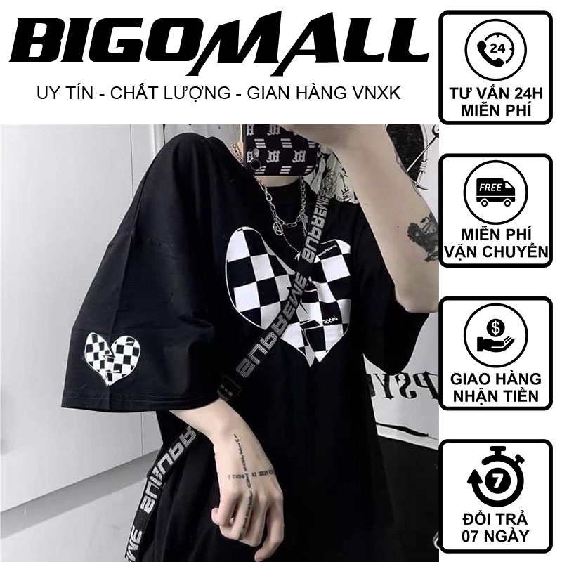 Áo Thun Tay Lỡ Trái Tim Caro In Tay Ngực BIGOMALL