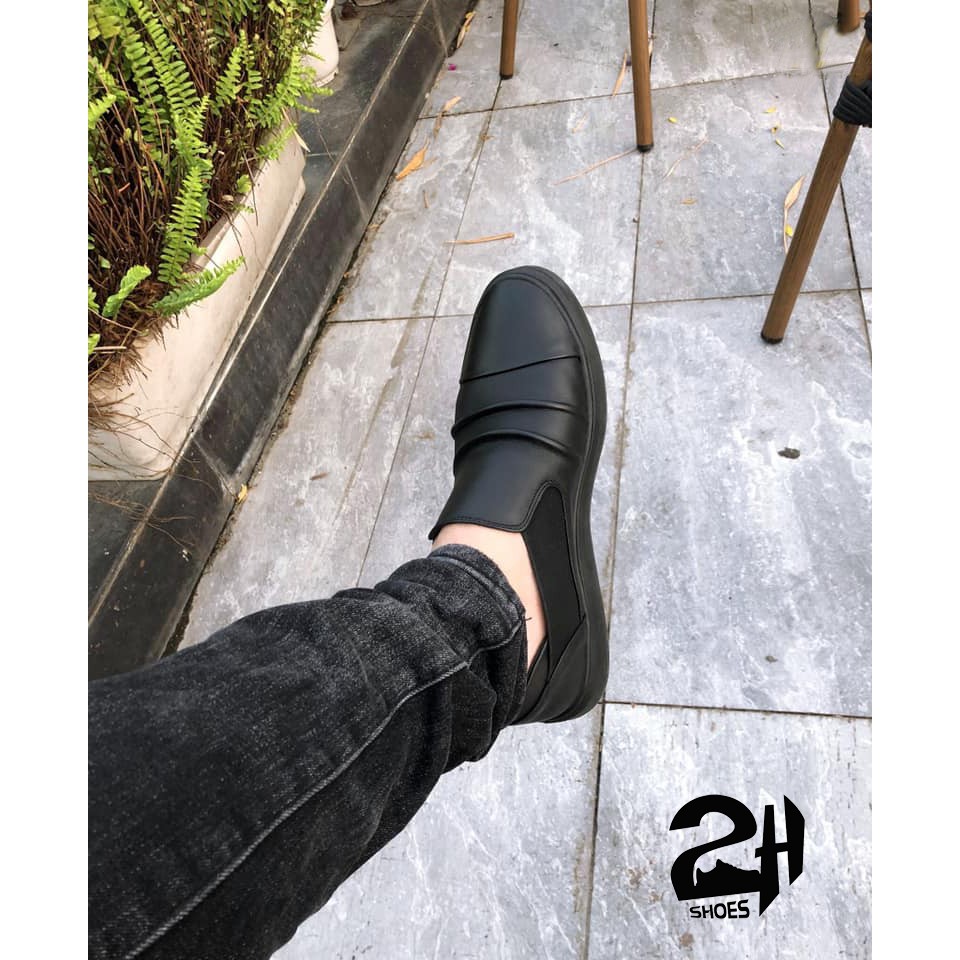 Giày mọi lười Slip on phối thun nam da bò nguyên tấm chống hôi chân, thoáng khi, em chân SHOES 2H size 38-43, Đen 2H-72 | BigBuy360 - bigbuy360.vn