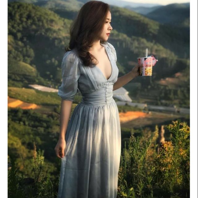 ĐẦM VOAN XOÈ NÚT NGỰC 2 LỚP - ĐẦM MAXI