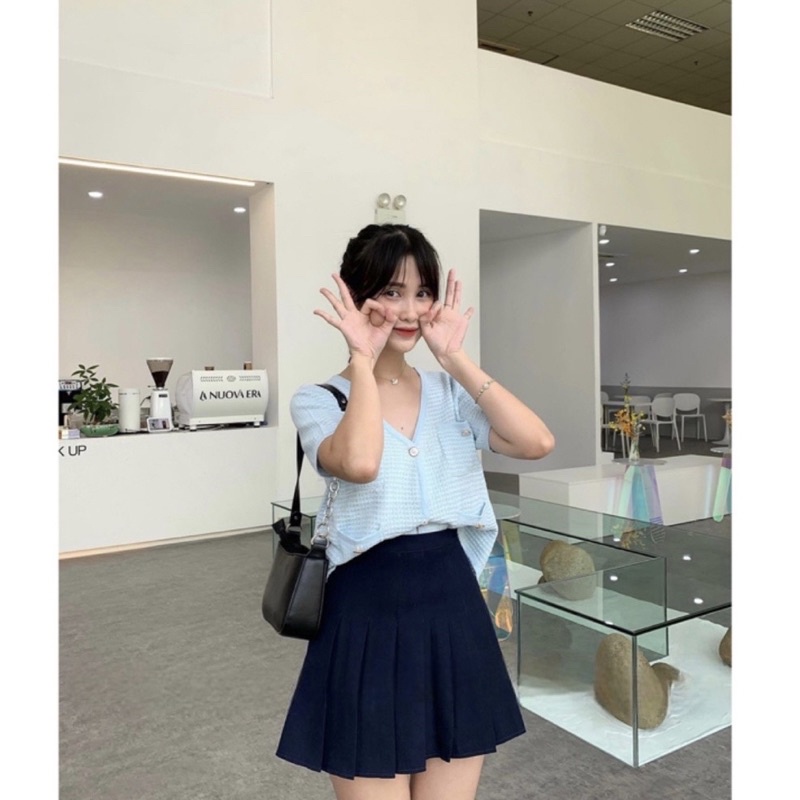 Áo len cardigan cộc tay cúc số 5 - 208AL14 - Đenta shop