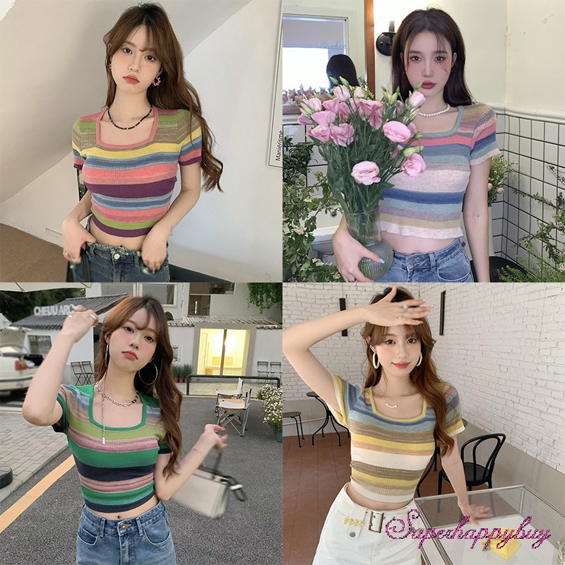 Áo Dệt Kim Ngắn Tay Cổ Vuông Ôm Dáng Họa Tiết Kẻ Sọc Nhiều Màu Sắc Cho Nữ