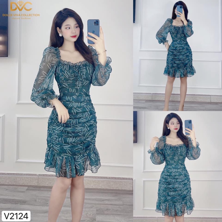 Váy hoa dài tay nhún thân V2124