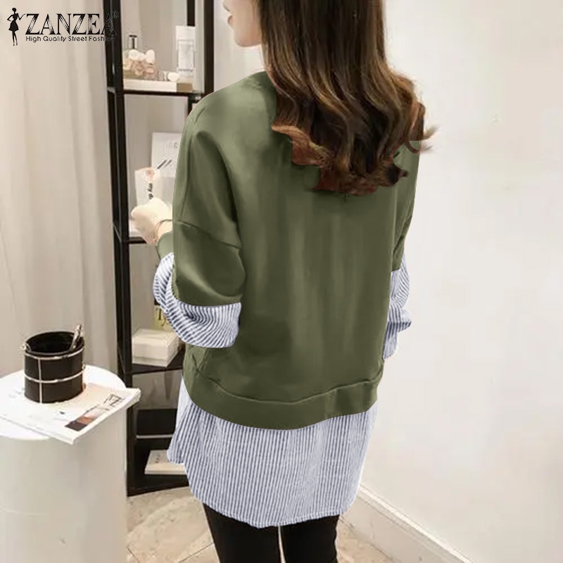Áo nữ ZANZEA họa tiết sọc ghép nối dài tay cổ tròn giả hai lớp thời trang thường ngày