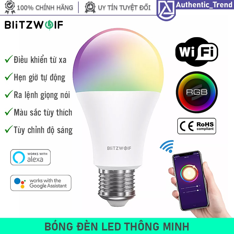 Bóng đèn LED thông minh Wifi Blitzwolf RGB + 3000K điều khiển từ xa App điện thoại hỗ trợ Google Home Alexa đuôi E27