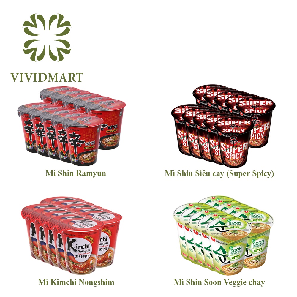 MÌ LY NONGSHIM HÀN QUỐC 4 VỊ: SHIN RAMYUN CAY, SHIN RED SIÊU CAY, SOON VEGGIE CHAY, KIM CHI – 68g/HỘP