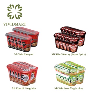 Mì ly nongshim hàn quốc 4 vị: shin ramyun cay, shin red siêu cay, soon veggie chay, kim chi – 68g/hộp