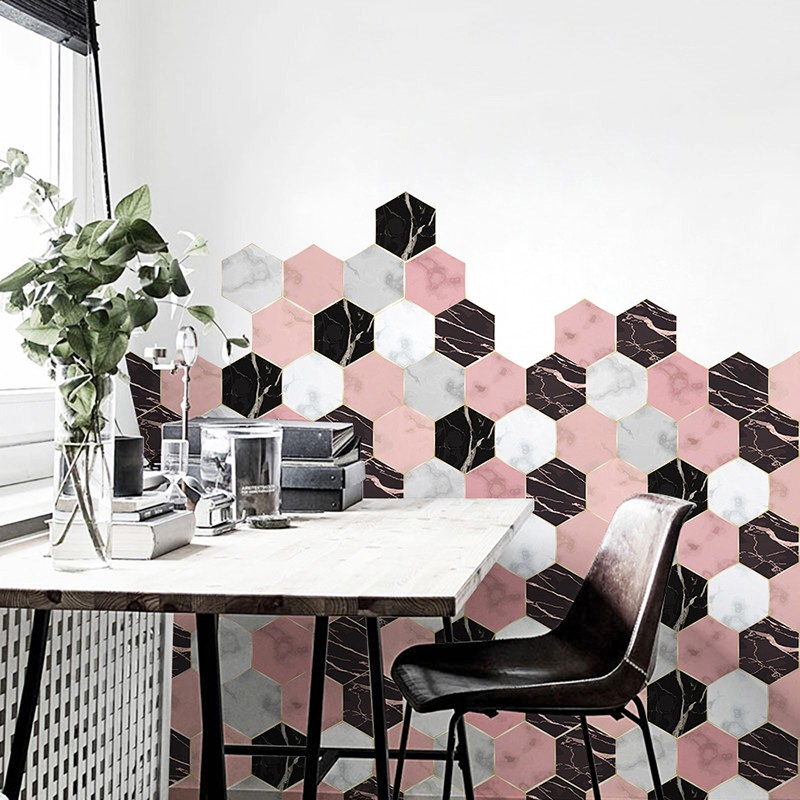 [20*23cm*10p]Anti-slip and wear-resistant floor stickers Hexagonal self-adhesive wall stickers Living room bathroom kitchen waterproof background wall decorative tile stickers Waist line wall renovation stickers Hexagonal mosaic wall stickers（LD001-006）