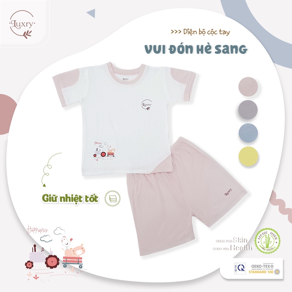 Bộ quần áo cộc tay cổ tròn phối màu chất liệu vải mát, mềm mịn nhà Luxry cho bé từ 3 tháng đến 4 tuổi