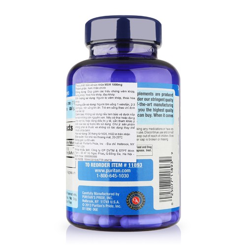 MSM giảm nhức cơ xương khớp, thoát vị đĩa đệm từ thảo dược Puritan's Pride MSM 1000mg 120 viên