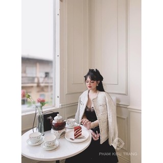 Áo dạ tweed tiểu thư viền kẻ sang chảnh
