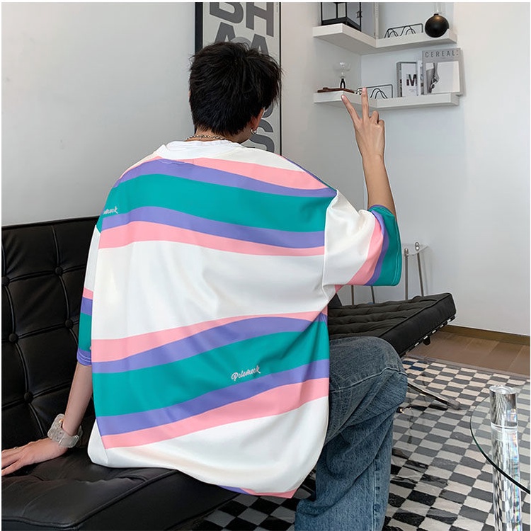 Áo Thun Tay Ngắn Cổ Tròn Họa Tiết Kẻ Sọc Thời Trang Mùa Hè 2022 Cho Nam