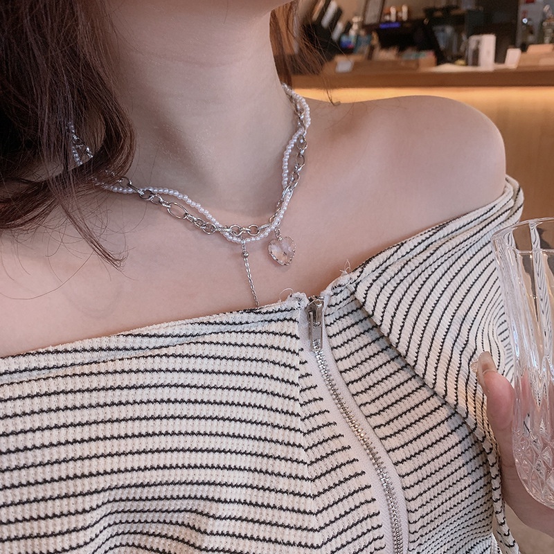 Vòng cổ Hai Lớp Đính Ngọc Trai Hình Trái Tim Phong Cách hip hop