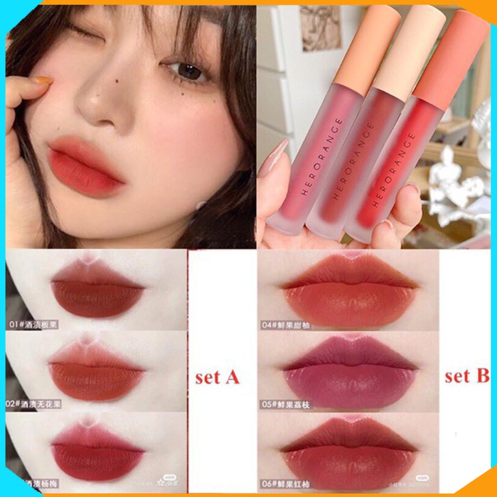 Set 3 Cây Son Kem Lì Herorange Fluffy Lip Glaze-2 SET khác nhau- 6 Màu khác nhau