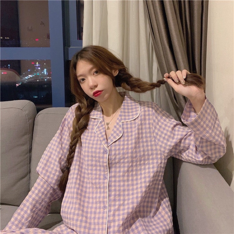 BN5_Bộ ngủ pijama | bộ mặc nhà dài tay họa tiết kẻ caro màu pastel ulzzang Hàn Quốc