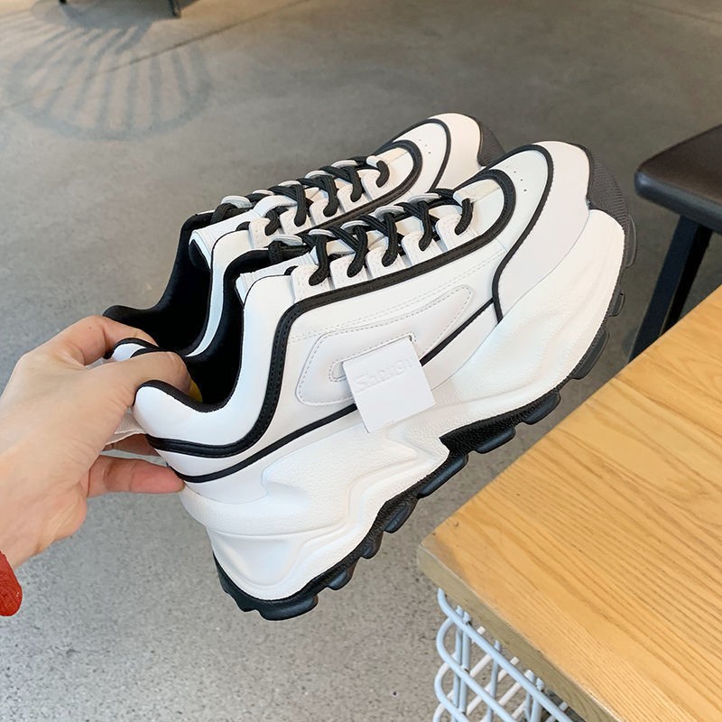 Giày sneaker IELGY cổ thấp đế dày màu khối bằng da kiểu Hàn Quốc cho nữ