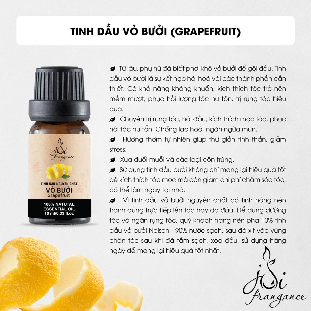 Tinh dầu Vỏ Bưởi nguyên chất - Lọ 10 ml | Kiểm nghiệm GC-MS và COA chuẩn USDA