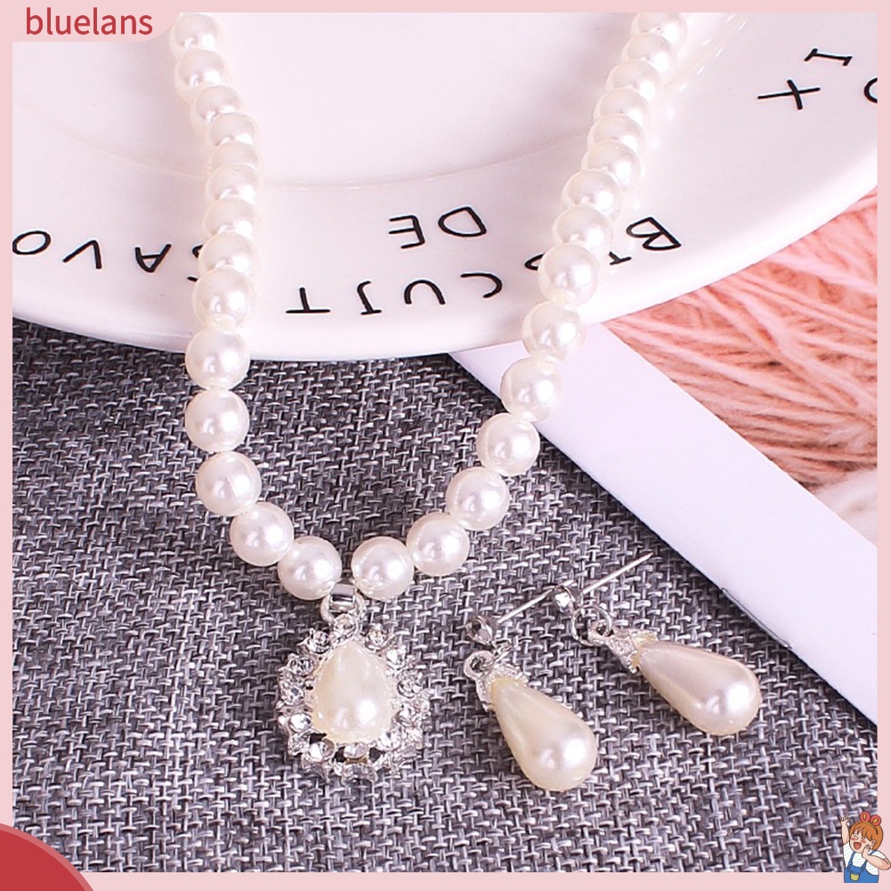 Bộ Vòng cổ + Bông Tai Đính Đá &amp; Ngọc Trai Nhân Tạo Hình Giọt Nước BLUE2