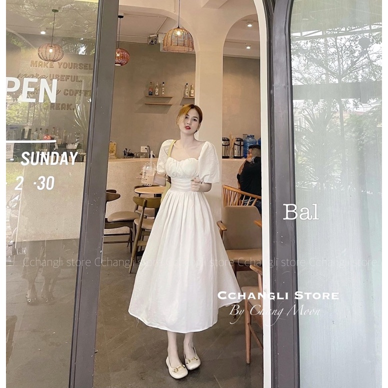 Váy maxi cổ vuông tay bồng