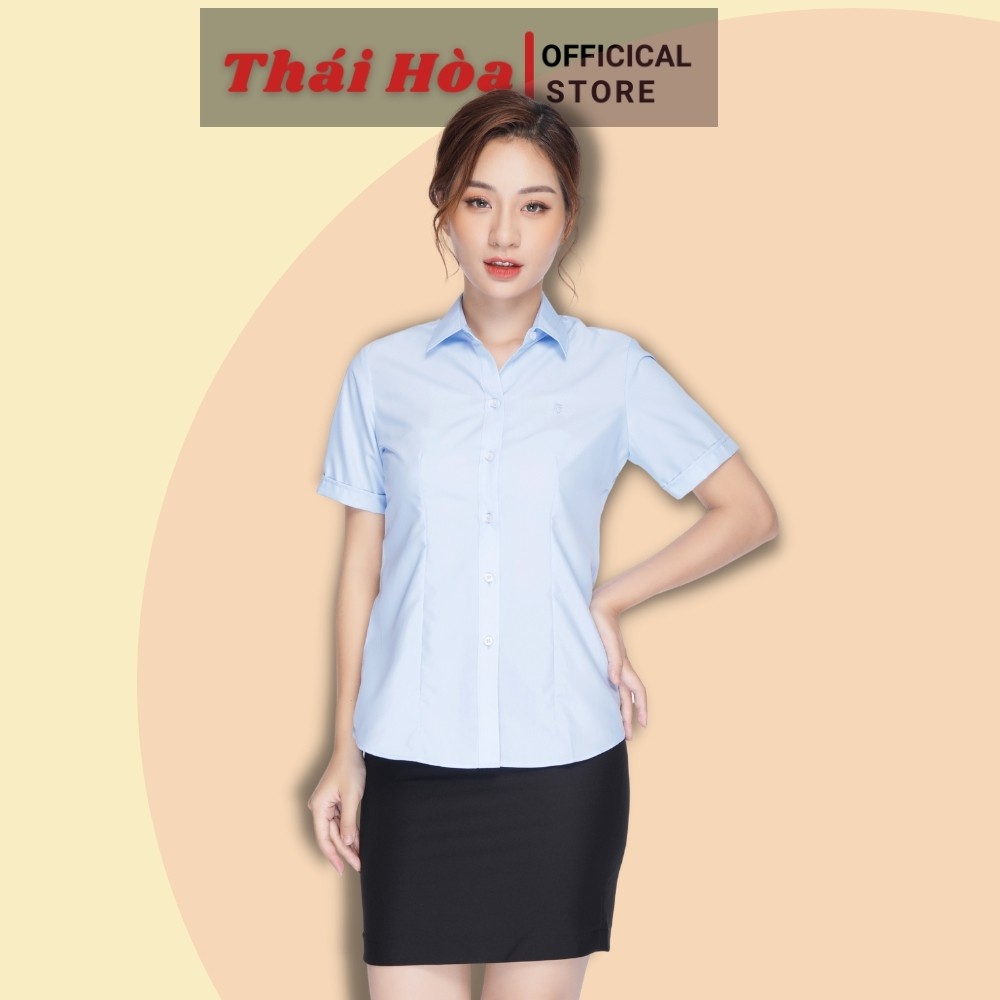 Áo sơ mi nữ Thái Hòa N047 công sở ngắn tay chất vải cotton màu xanh