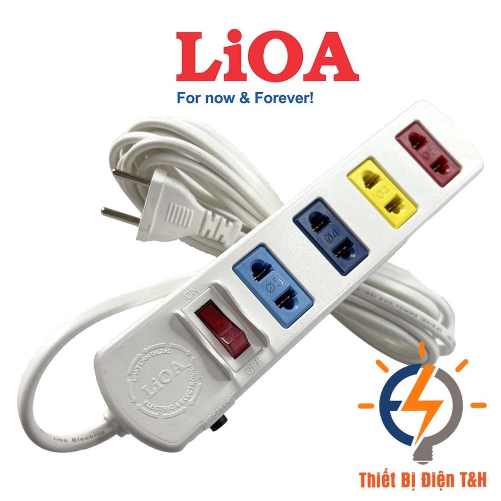 Ổ cắm điện LIOA, 2200W, 4 ổ cắm, 1 công tắc, dây dài 3 mét, 5 mét, 4S3W - 4S5W - Thiết Bị Điện T&H