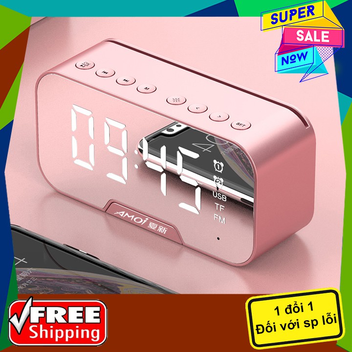 Loa bluetooth không dây mini pin trâu clock speaker D88 mặt kính tráng gương đồng hồ báo thức nghe đài FM đo nhiệt độ