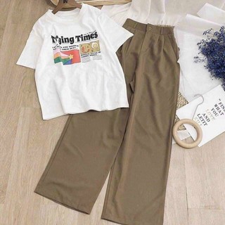 Set áo thun quần suông culotte kaki ♥ Bộ áo phông trắng tay lỡ in hình + quần ống rộng kaki vàng ♥