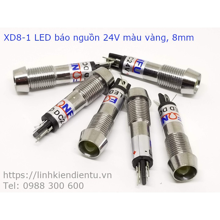 5 đèn LED báo nguồn XD8-1 vỏ inox 8mm, điện áp: 12v, 24v, 220v, màu sắc: xanh, đỏ, vàng